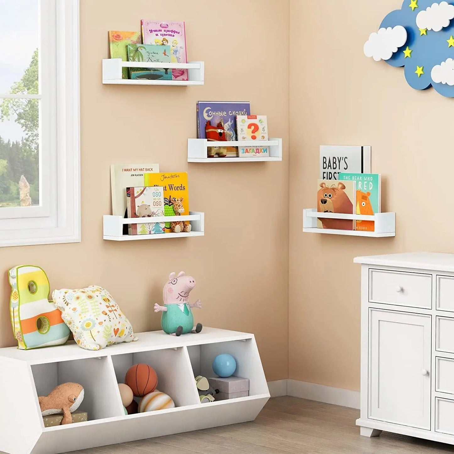 Floating Nursery Book Shelves for Wall Set of 4, White Wall Bookshelf for Kids Room, Small Wood Book Shelf Wall Mounted for Baby Teen Boys Girls Bedoom Bathroom Toy and Decor Storage-3