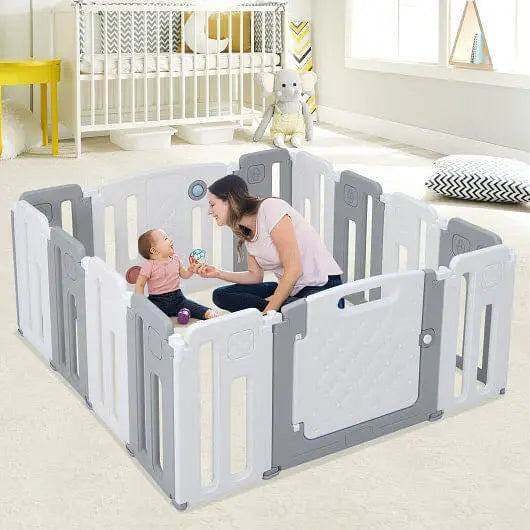 14 Panels Kids Safety Activity Play Center with Drawing Board-Gray-2