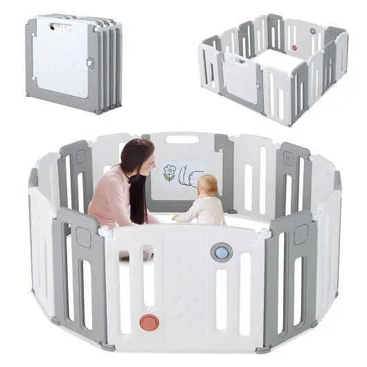 14 Panels Kids Safety Activity Play Center with Drawing Board-Gray-4