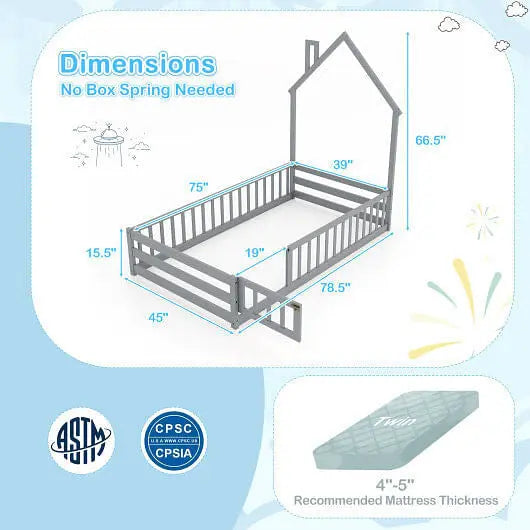 Twin Size Montessori Floor Bed with Lockable Door and Full-Length Guardrail-Gray-5