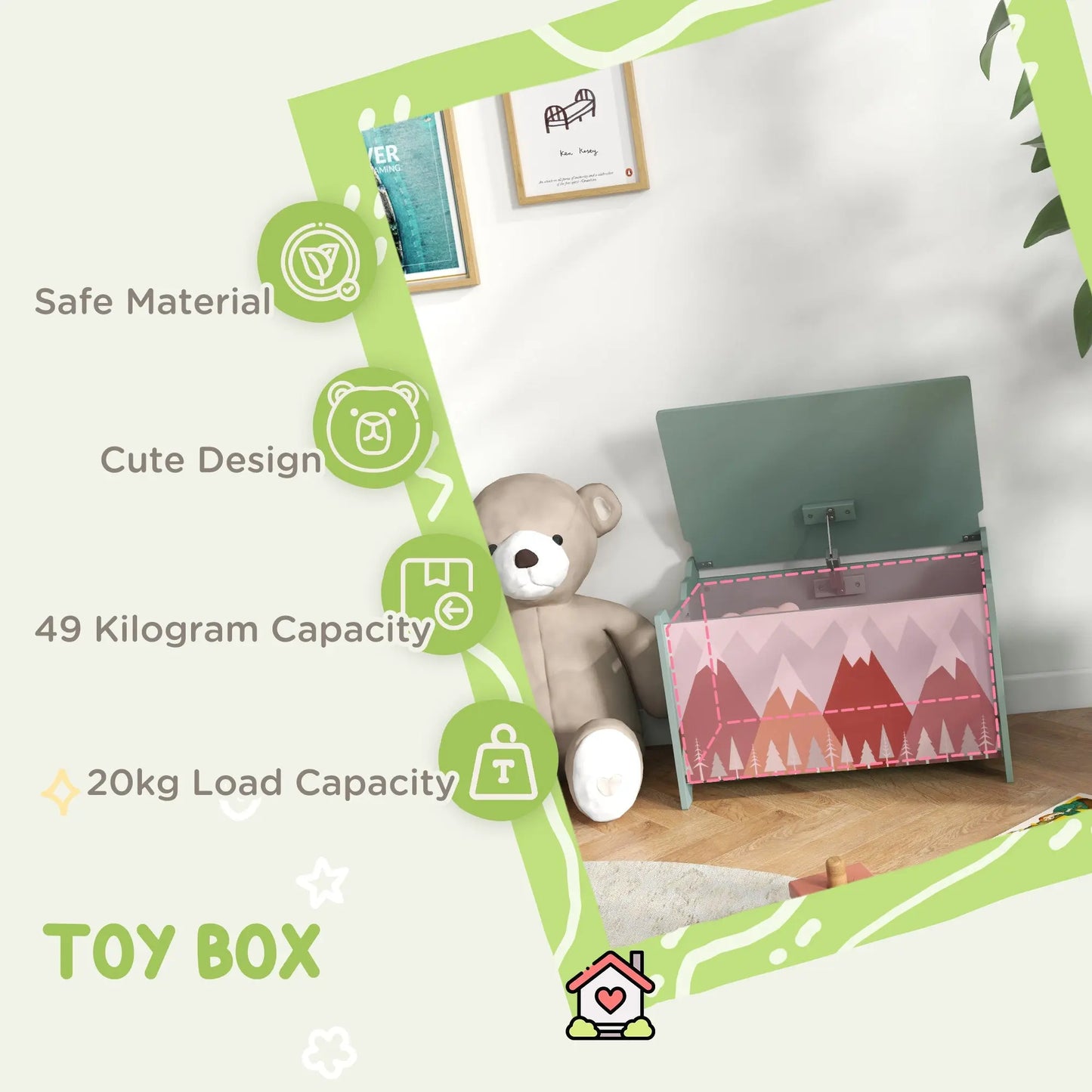 Toy Box for Girls Boys, Kids Toy Chest with Lid Safety Hinge, Cute Animal Design, Green-3