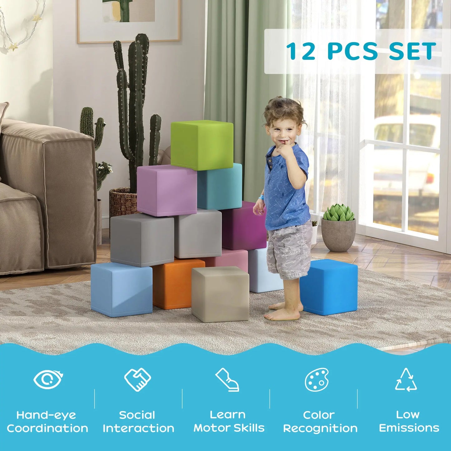 HOMCOM 12 PCs Soft Play Blocks, Soft Foam Toy, Building and Stacking Blocks for Kids, Multicoloured-5