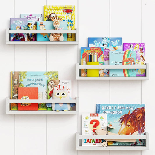 Floating Nursery Book Shelves for Wall Set of 4, White Wall Bookshelf for Kids Room, Small Wood Book Shelf Wall Mounted for Baby Teen Boys Girls Bedoom Bathroom Toy and Decor Storage-0