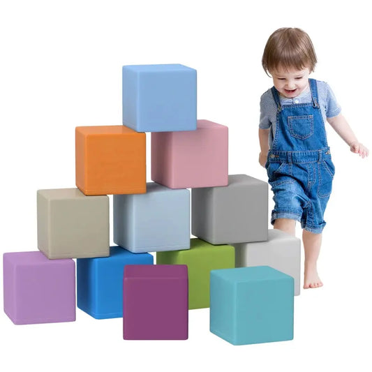 HOMCOM 12 PCs Soft Play Blocks, Soft Foam Toy, Building and Stacking Blocks for Kids, Multicoloured-0
