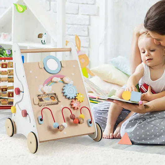 Wooden Baby Walker with Multiple Activities Center for Over 1 Year Old-White-3