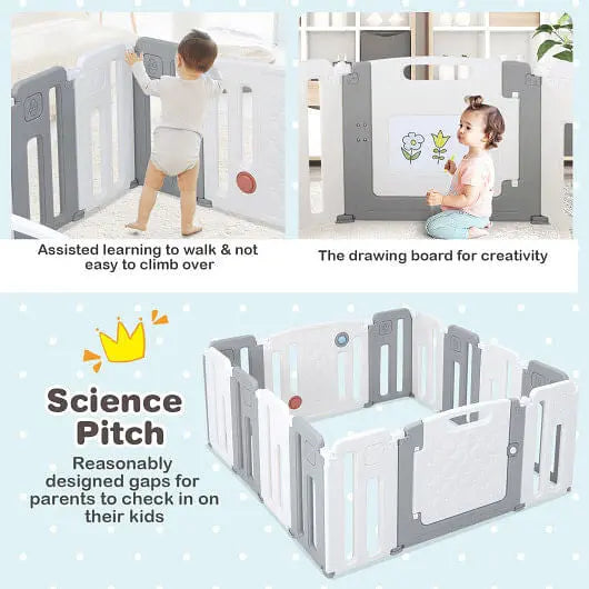 14 Panels Kids Safety Activity Play Center with Drawing Board-Gray-3