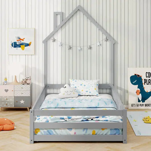 Twin Size Montessori Floor Bed with Lockable Door and Full-Length Guardrail-Gray-4