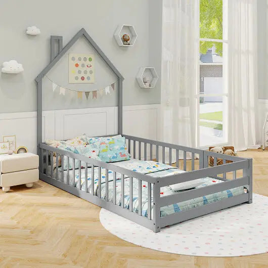 Twin Size Montessori Floor Bed with Lockable Door and Full-Length Guardrail-Gray-3
