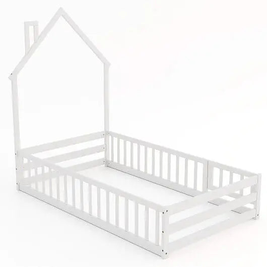Twin Size Montessori Floor Bed with Lockable Door and Full-Length Guardrail-Gray-1