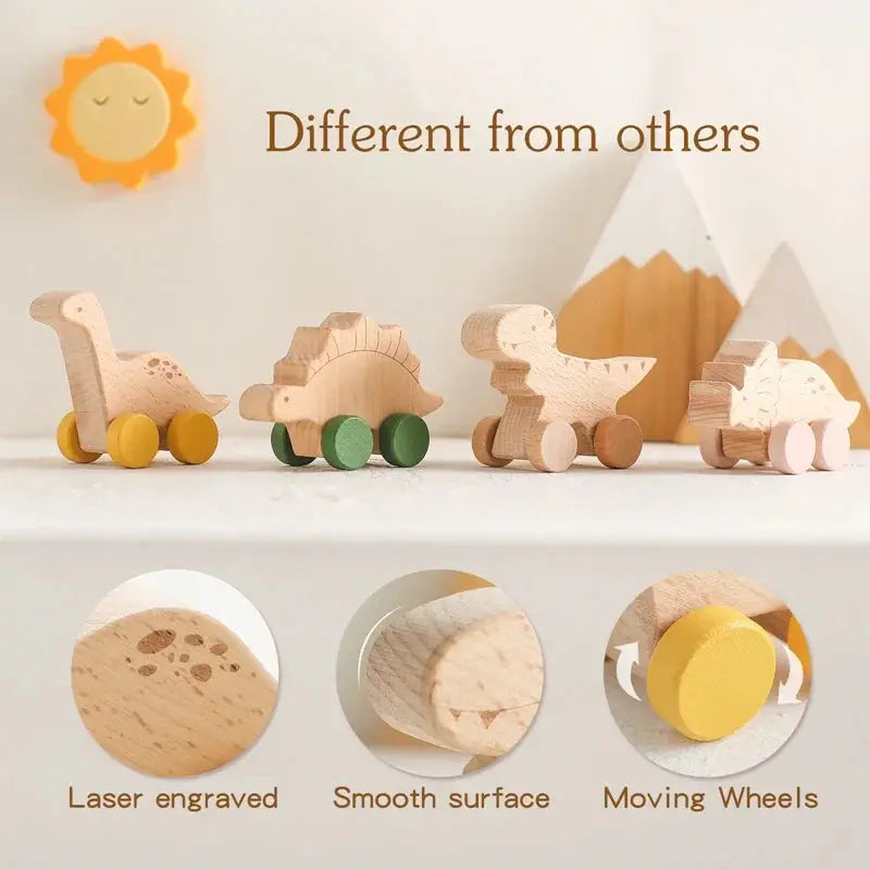1 pc Beech Wood Montessori Toy Dinosaur with wheels multivariant-3