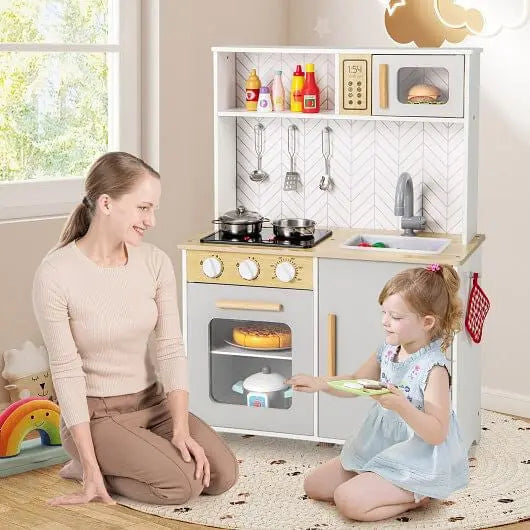 Kids Kitchen Playset with Lights Sounds Microwave Stoves Sink Oven and Cooking Accessories-White-0