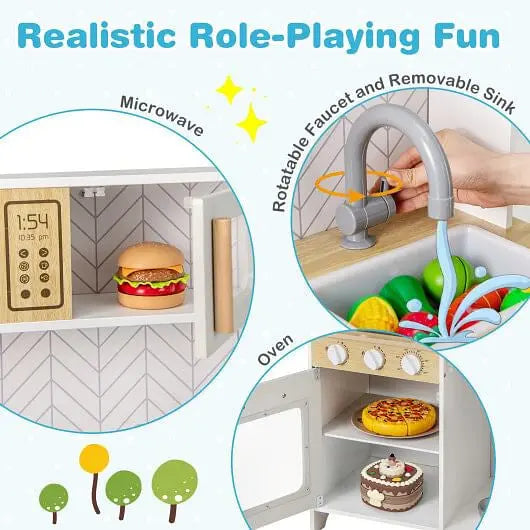 Kids Kitchen Playset with Lights Sounds Microwave Stoves Sink Oven and Cooking Accessories-White-3
