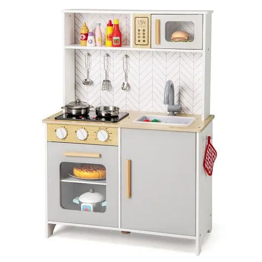 Kids Kitchen Playset with Lights Sounds Microwave Stoves Sink Oven and Cooking Accessories-White-4
