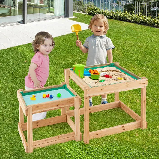Wooden Sand and Water Tables with Protective Cover for Kids-Natural-0