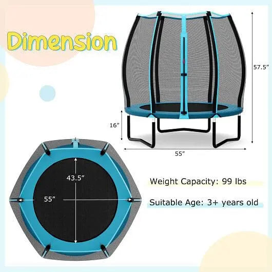 55 Inch Trampoline for Kids Toddler Mini Trampoline with Safety Enclosure Net-Blue-2