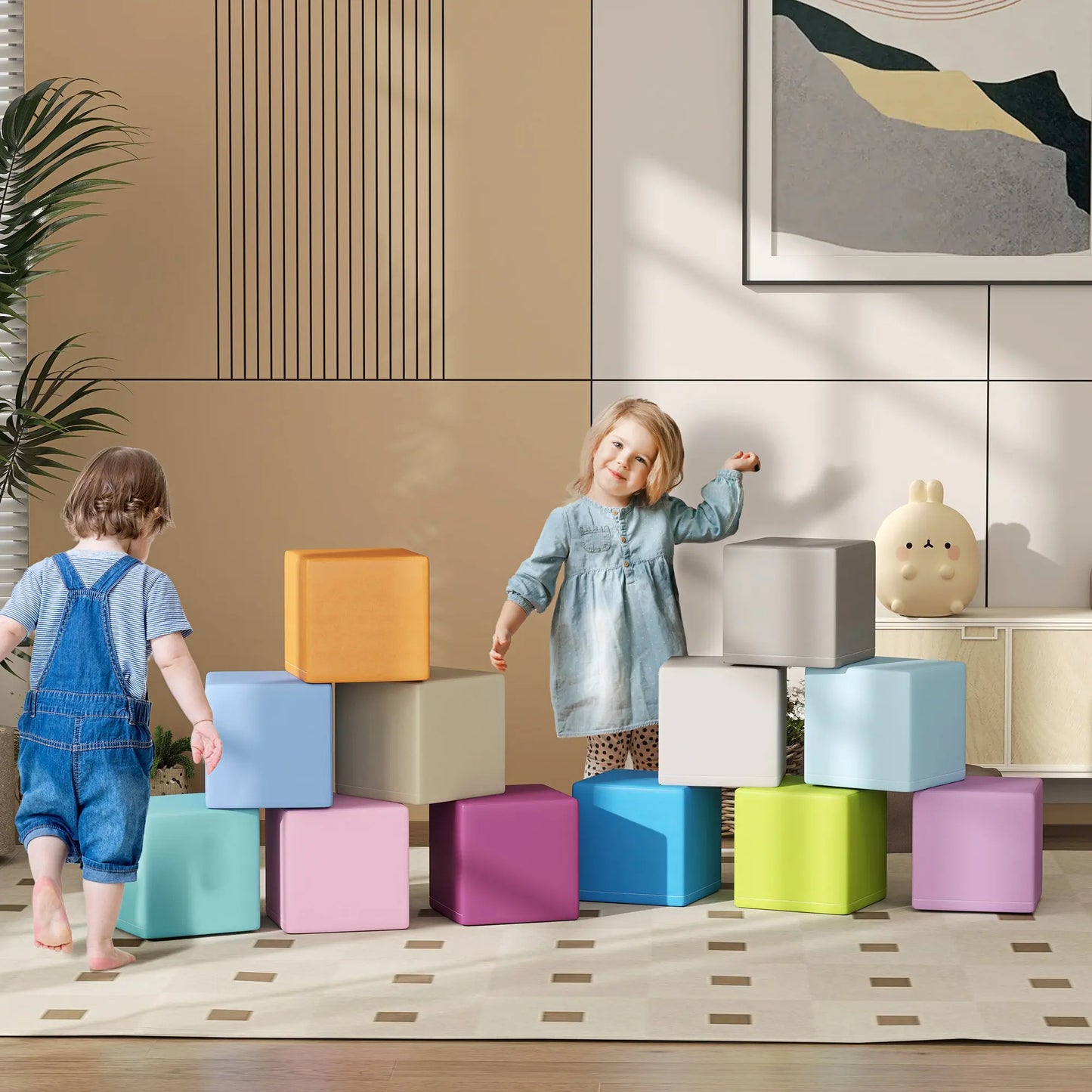 HOMCOM 12 PCs Soft Play Blocks, Soft Foam Toy, Building and Stacking Blocks for Kids, Multicoloured-8