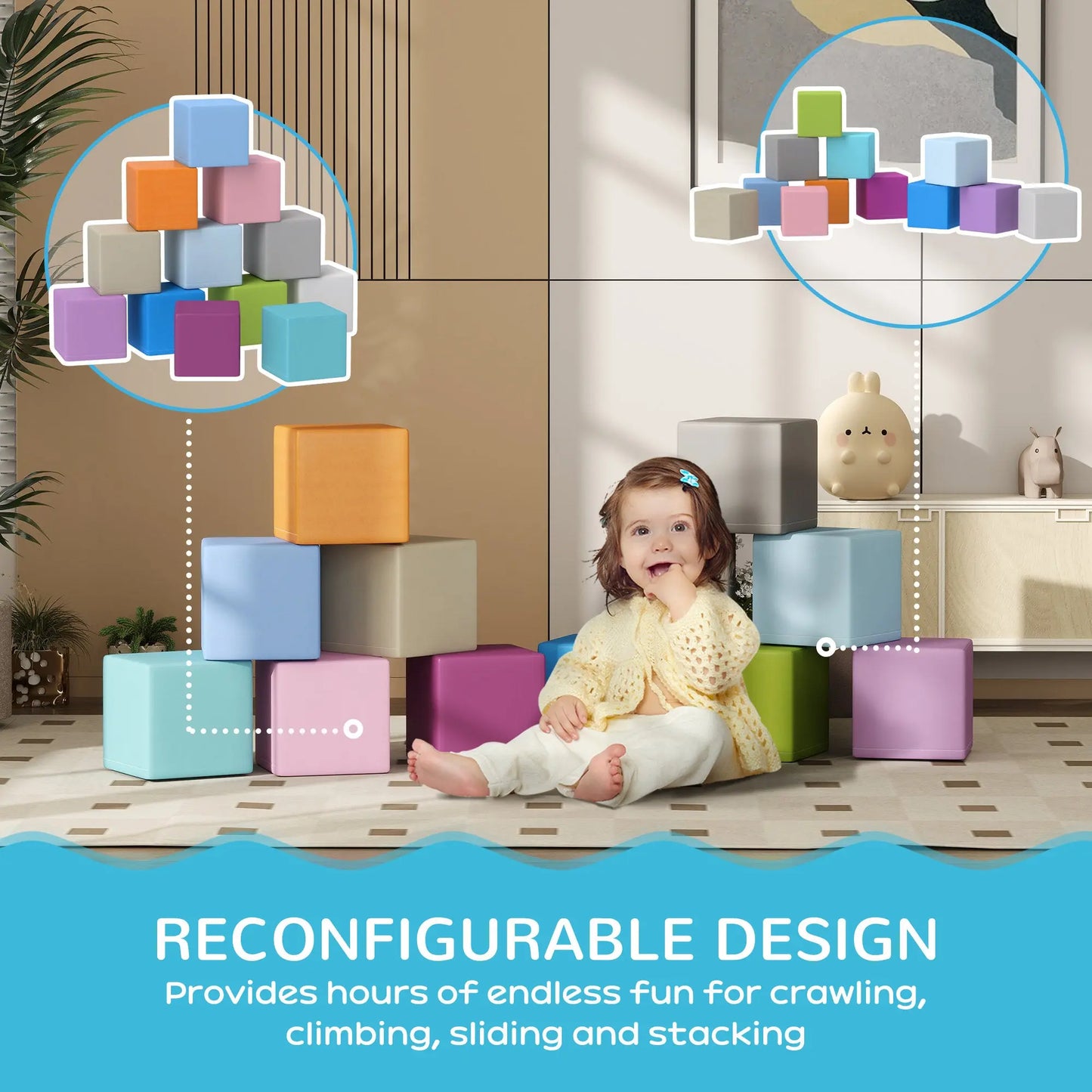 HOMCOM 12 PCs Soft Play Blocks, Soft Foam Toy, Building and Stacking Blocks for Kids, Multicoloured-3